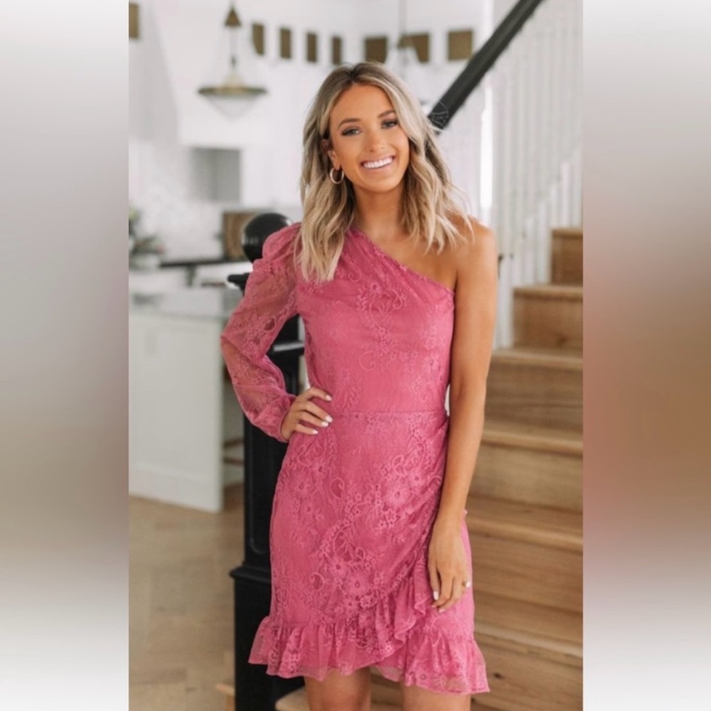 WAYF Dede & Emily Women's BFF Collection Jess One Shoulder Pink Lace Dress